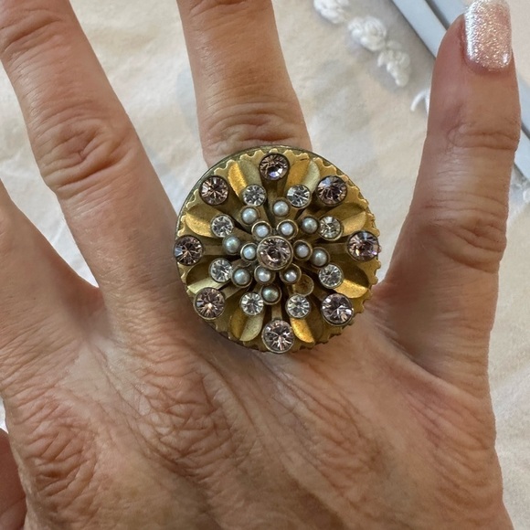 Vintage Y2K Juicy Couture Gold Pearl Diamond Cocktail Ring - Picture 4 of 9